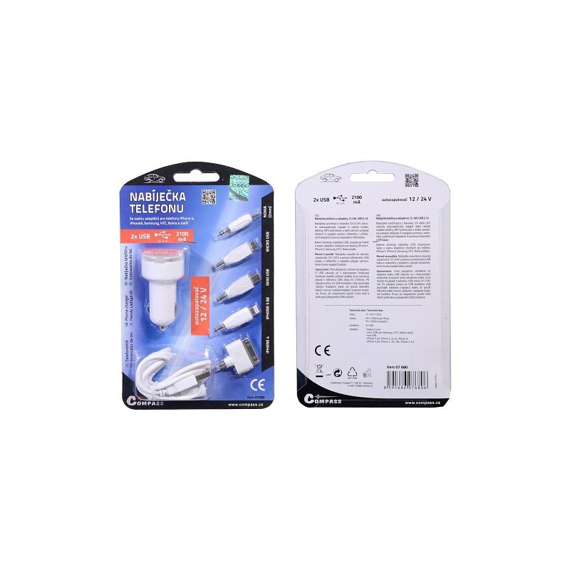 Telefoonoplader 12V 2,1A (iPhone 4/5/6, micro USB, Nokia)
