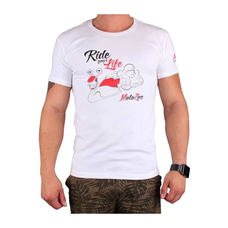 T-shirt s motivem MotoZem Rijd je leven wit uitverkoop