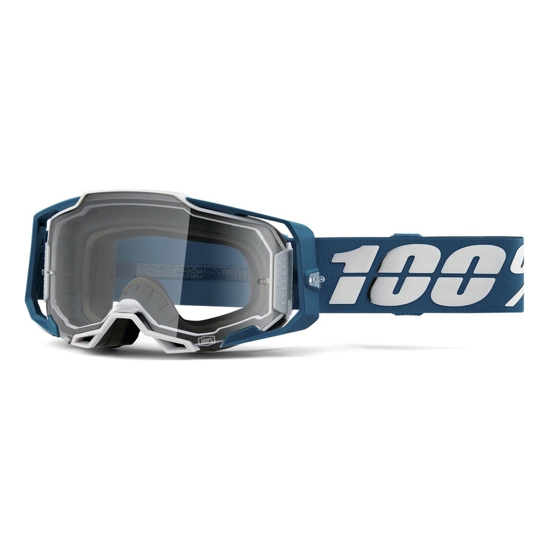 Motorcrossbril 100% ARMEGA Albar blauw en wit (helder plexi)