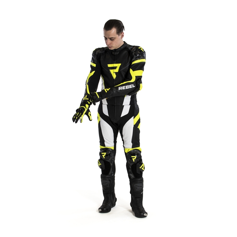 Rebelhorn Rebel Zwart-Wit-Fluo Geel Motoroverall uitverkoop