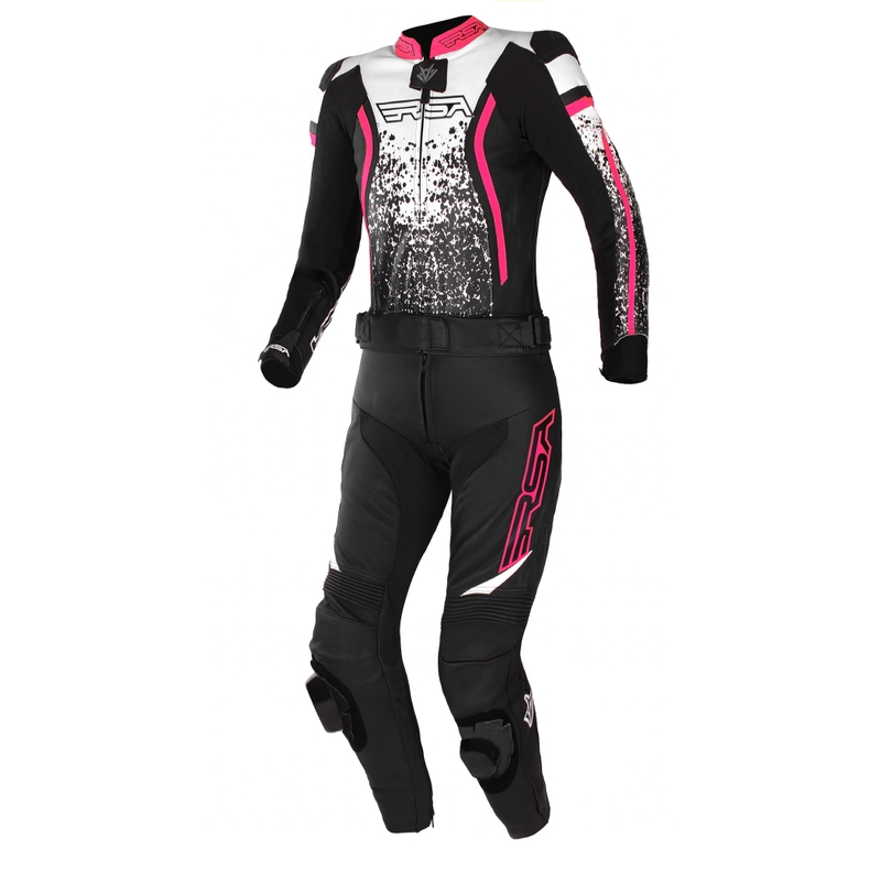 Dames motorpak RSA GT2 zwart-wit-fluo roze in de aanbieding uitverkoop