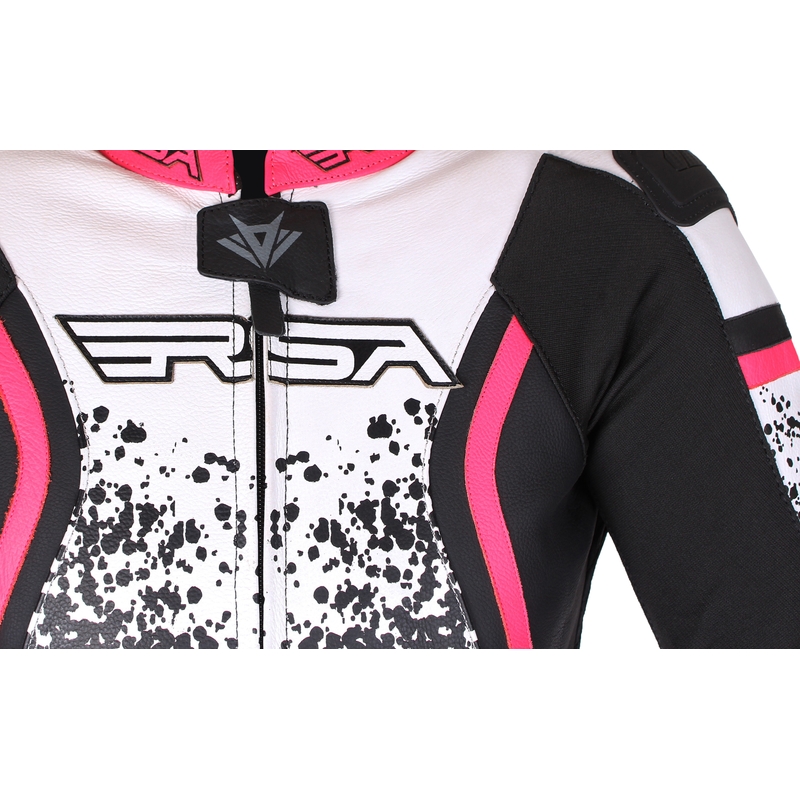 Dames motorpak RSA GT2 zwart-wit-fluo roze in de aanbieding uitverkoop