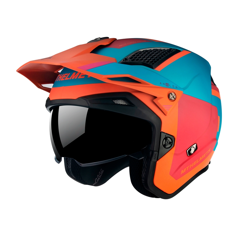 MT District SV Analog D24 open trial motorhelm rood-blauw-oranje