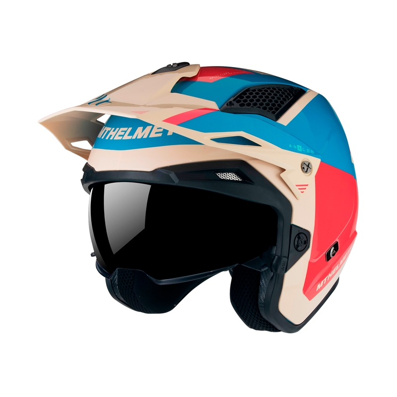 MT District SV Analog D7 open trial motorhelm rood-blauw-beige