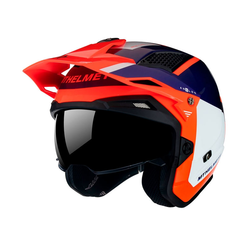MT District SV Analog D5 blauw-wit-oranje open trial motorhelm