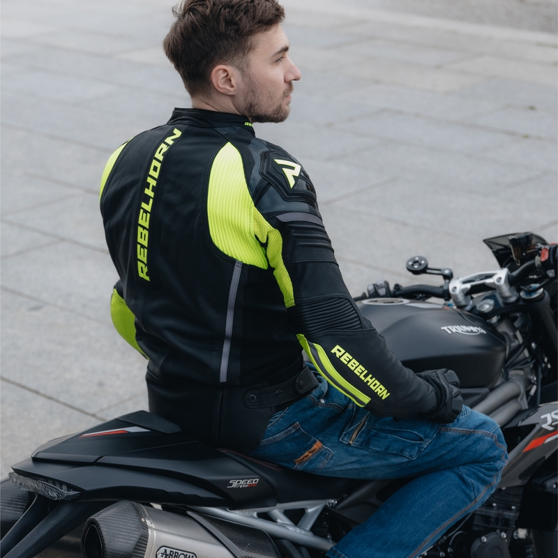 Rebelhorn Vandal zwart-fluo geel leren motorjack uitverkoop