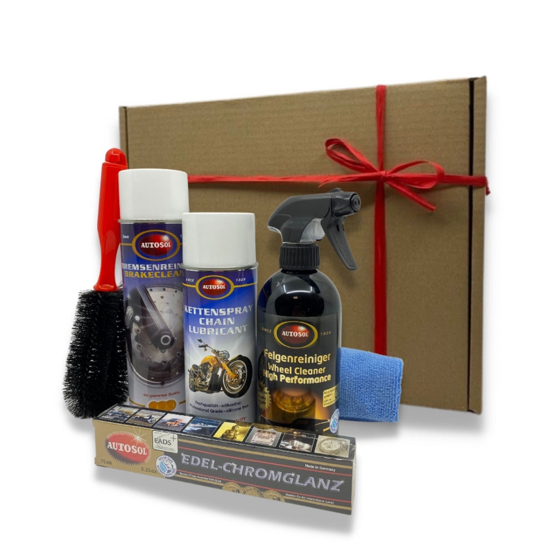 Autosol geschenkset voor het reinigen van remmen, kettingen en schijven op motorfietsen