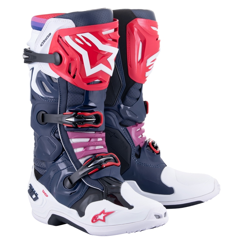 Alpinestars Tech 10 Supervented geperforeerde motorlaarzen donkerblauw-wit-rood-paars