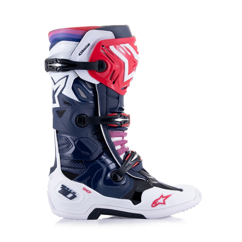 Alpinestars Tech 10 Supervented geperforeerde motorlaarzen donkerblauw-wit-rood-paars