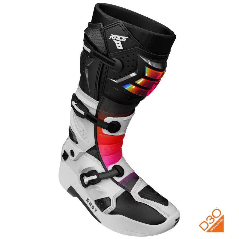 Shot Race 8 holografische wit-zwart-roze motorcrosslaarzen