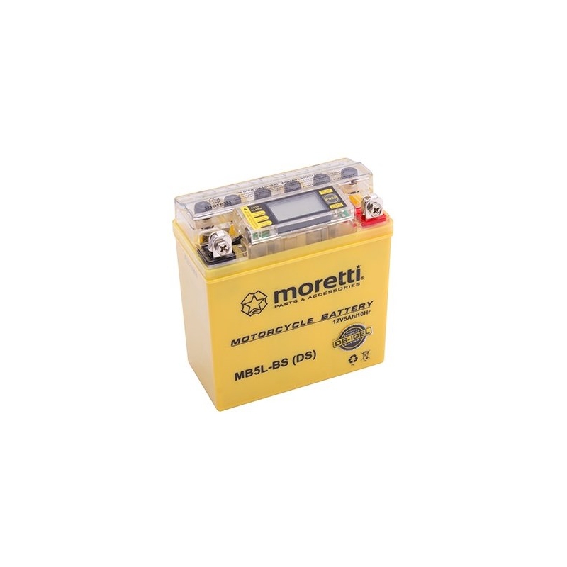 Onderhoudsvrije gelbatterij Moretti MB5L-BS, 12V 5Ah met spanningsmeter