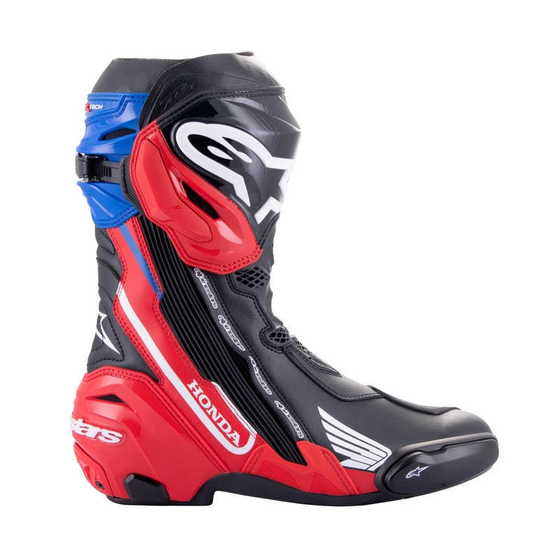 Alpinestars Supertech R Honda motorlaarzen zwart-rood fluo-blauw-wit