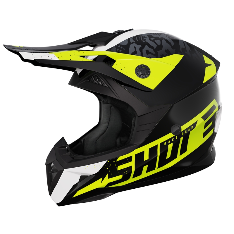 Kinder motorcrosshelm Shot Pulse Airfit glanzend zwart-wit-fluo geel uitverkoop