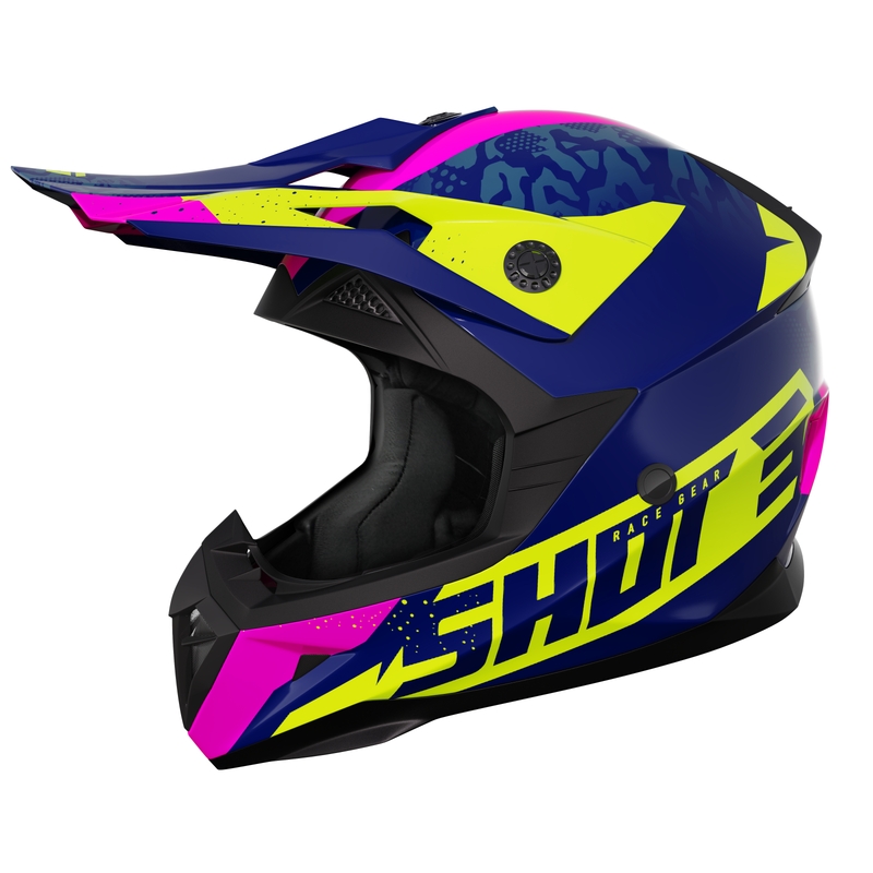Kinder motorcrosshelm Shot Pulse Airfit glanzend blauw-fluo geel-roze uitverkoop