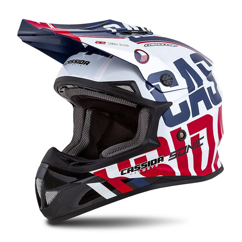 Dětská motokrosová helma Cassida Cross Cup Sonic Junior červeno-modro-bílo-černá