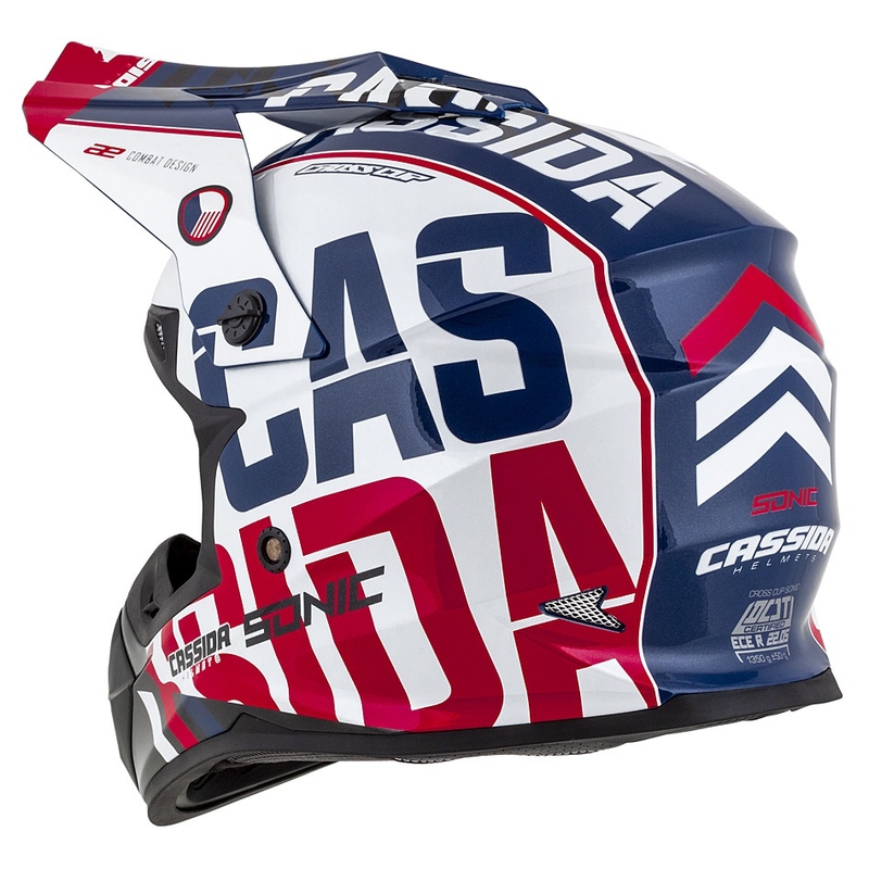 Dětská motokrosová helma Cassida Cross Cup Sonic Junior červeno-modro-bílo-černá