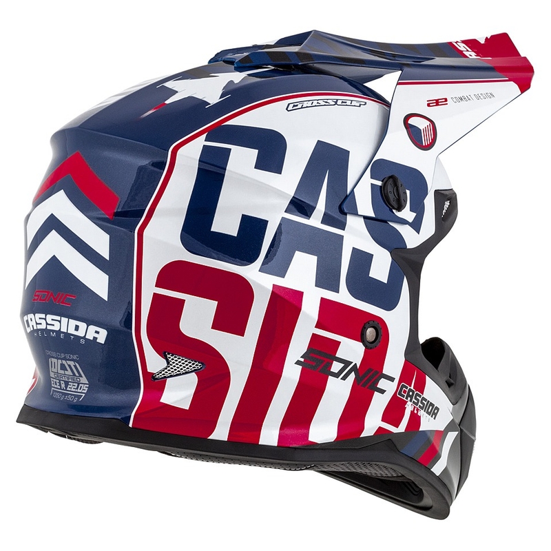 Dětská motokrosová helma Cassida Cross Cup Sonic Junior červeno-modro-bílo-černá