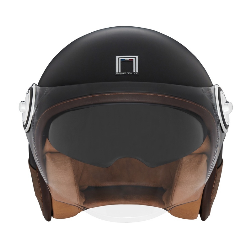 NOX PREMIUM Heritage open motorhelm, matzwart met bruin leer.