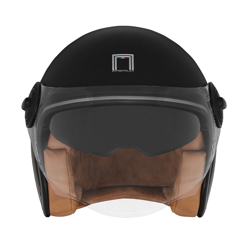 NOX PREMIUM Heritage open motorhelm, matzwart met bruin leer.