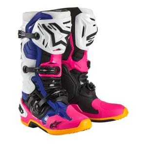 Alpinestars Tech 10 Limited Edition Kustwit-Donkerblauw-Roze-Fluogeel-Oranje-Zwart Motorfietslaarzen