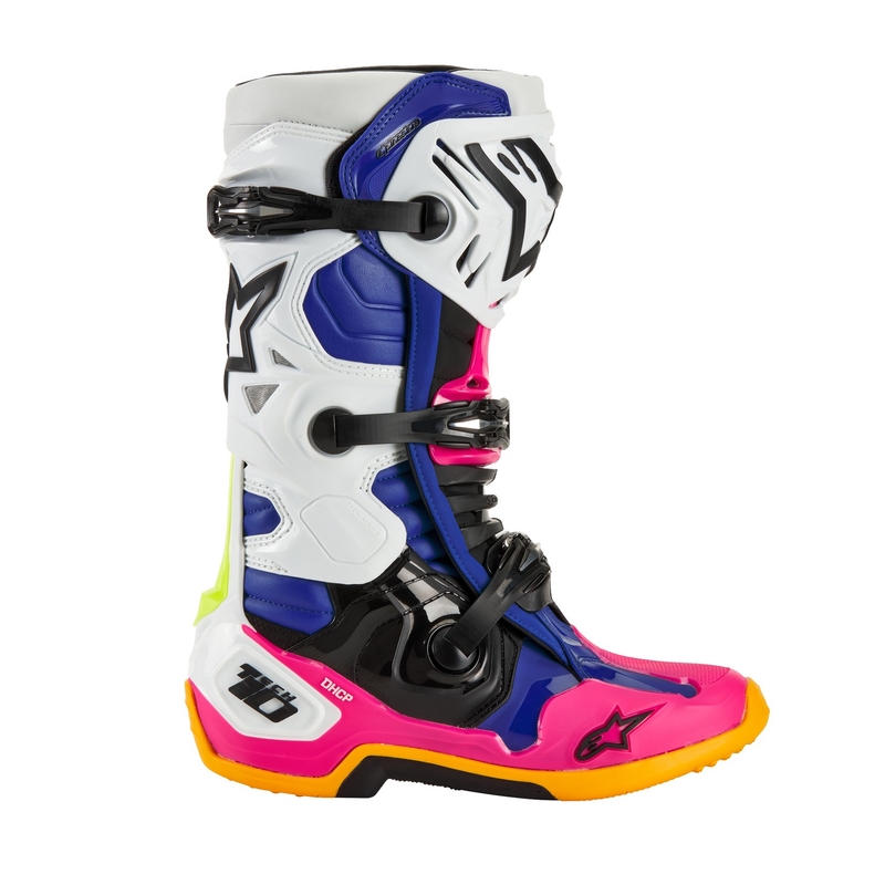 Alpinestars Tech 10 Limited Edition Kustwit-Donkerblauw-Roze-Fluogeel-Oranje-Zwart Motorfietslaarzen