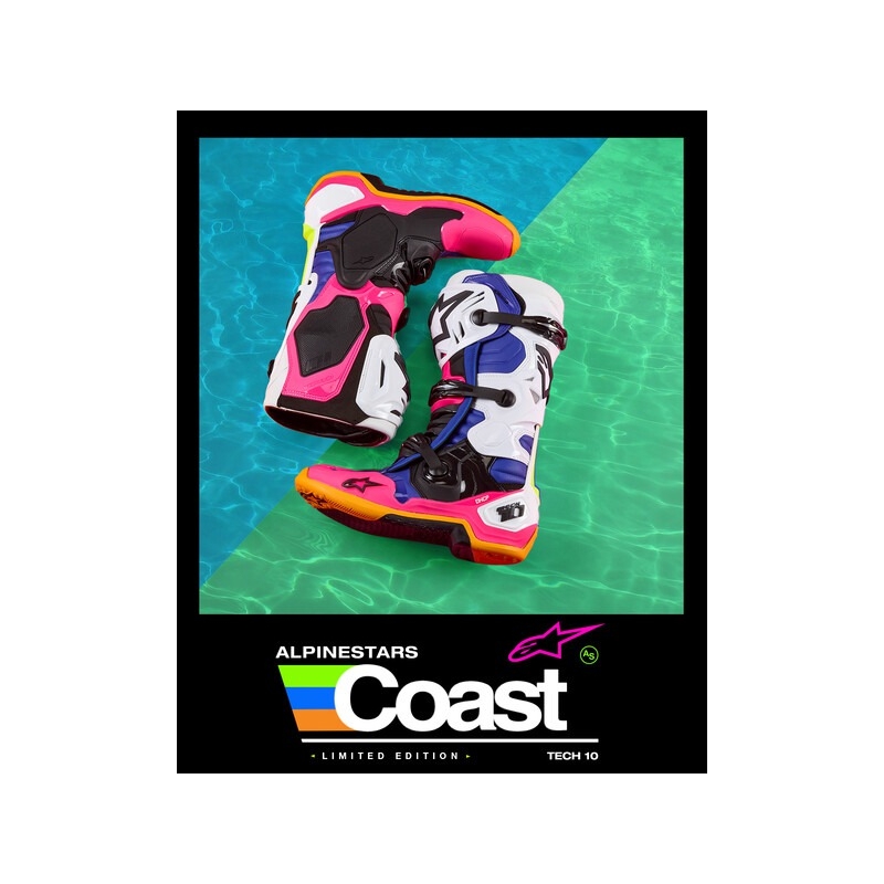 Alpinestars Tech 10 Limited Edition Kustwit-Donkerblauw-Roze-Fluogeel-Oranje-Zwart Motorfietslaarzen
