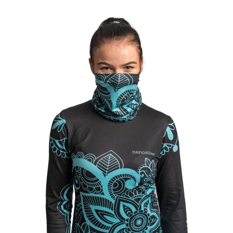 Multifunctionele nekwarmer nanosilver® Bloem zwart-turquoise