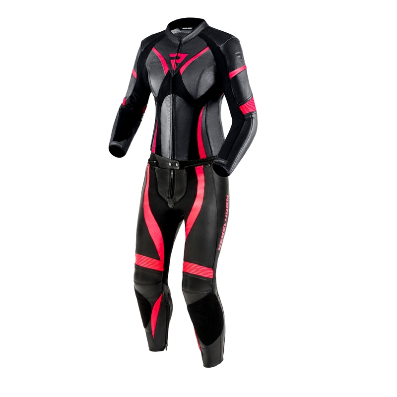 Rebelhorn Rebel dames leren motoroverall glanzend zwart en roze