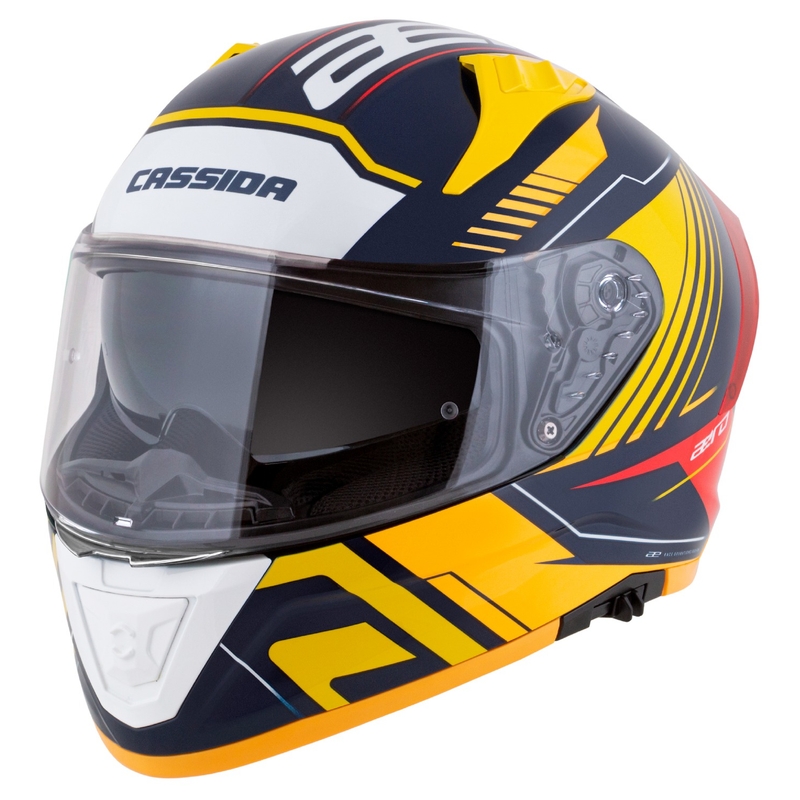 Cassida Aero Drome integraal motorhelm blauw-fluorgeel-oranje-rood-lichtblauw-wit