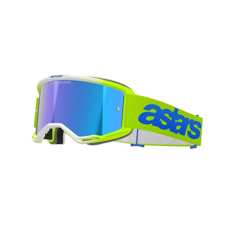 Alpinestars Vision 5 Blaze fluo geel-blauw motorcrossbril met gespiegeld blauw plexi