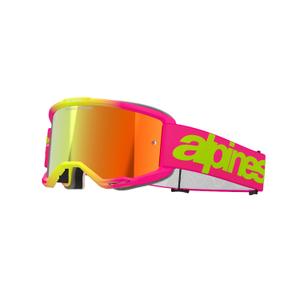 Alpinestars Vision 5 Wordmark roze-fluo gele motorcrossbril met gespiegeld rood plexi