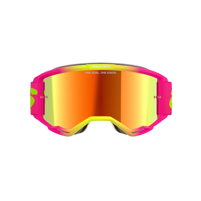 Alpinestars Vision 5 Wordmark roze-fluo gele motorcrossbril met gespiegeld rood plexi