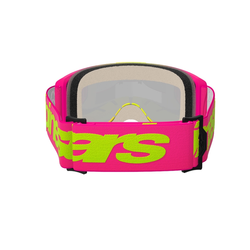 Alpinestars Vision 5 Wordmark roze-fluo gele motorcrossbril met gespiegeld rood plexi