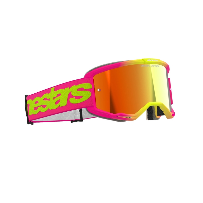 Alpinestars Vision 5 Wordmark roze-fluo gele motorcrossbril met gespiegeld rood plexi
