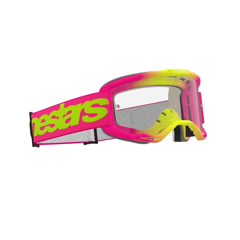 Alpinestars Vision 5 Wordmark roze-fluo gele motorcrossbril met helder plexi uitverkoop