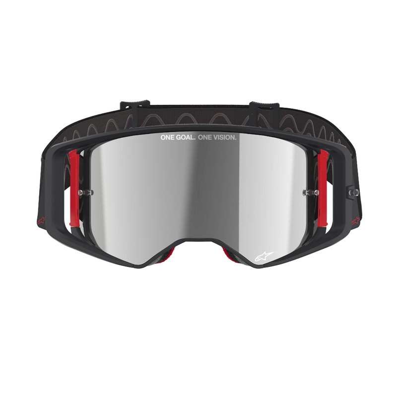 Alpinestars Supertech Corp zwart en rood motorcrossbril met gespiegelde zilveren lens