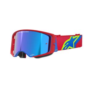 Alpinestars Supertech Corp rood en blauw motorcrossbril met gespiegelde zilveren lens