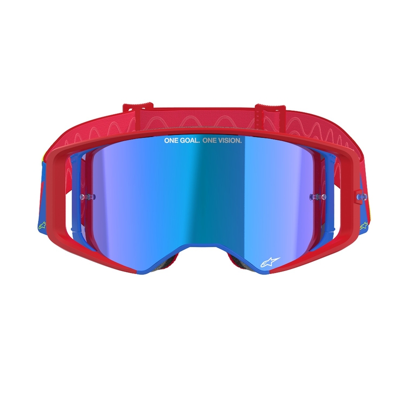 Alpinestars Supertech Corp rood en blauw motorcrossbril met gespiegelde zilveren lens