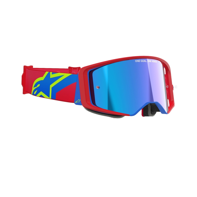 Alpinestars Supertech Corp rood en blauw motorcrossbril met gespiegelde zilveren lens