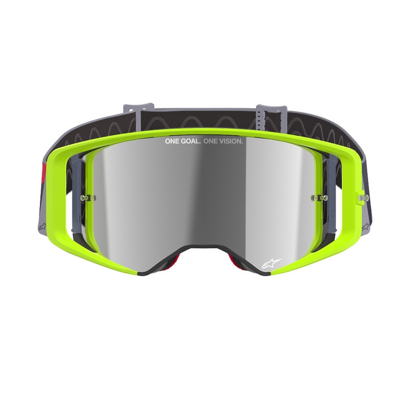 Alpinestars Supertech Corp fluorgeel-rode motorcrossbril met gespiegelde zilveren lens