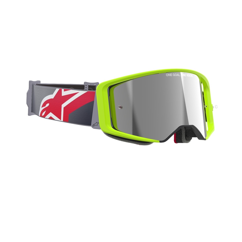 Alpinestars Supertech Corp fluorgeel-rode motorcrossbril met gespiegelde zilveren lens