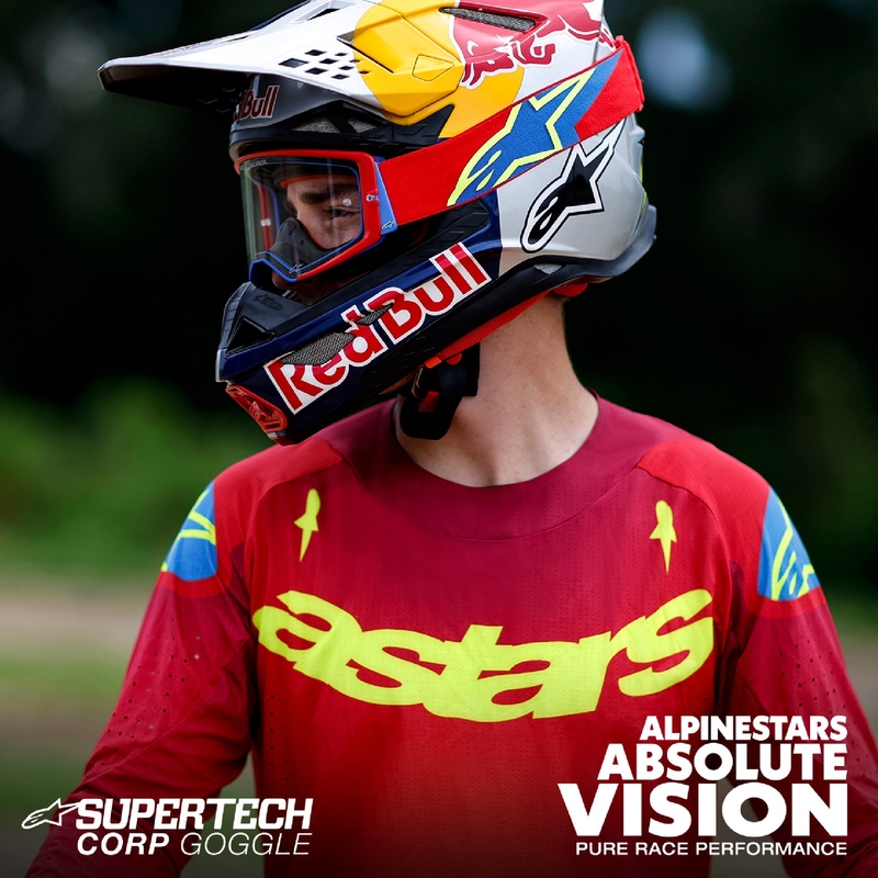 Alpinestars Supertech Corp ROLL-OFF Brede visie motorcrossbril rood en blauw met heldere lens