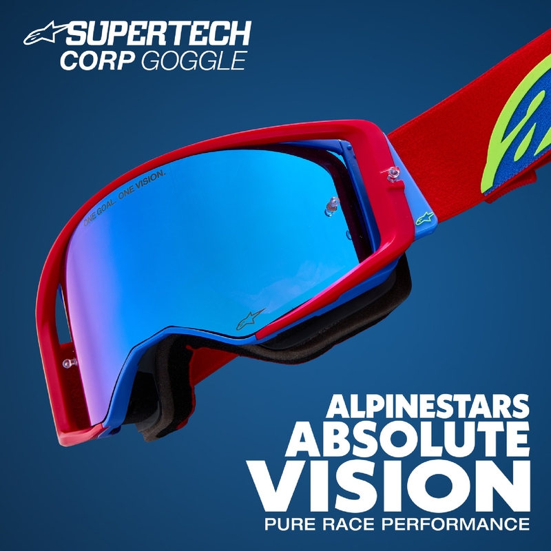 Alpinestars Supertech Corp ROLL-OFF Brede visie motorcrossbril rood en blauw met heldere lens