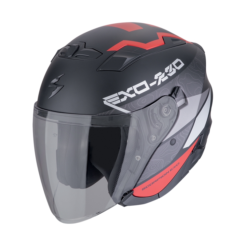 Open motorhelm SCORPION EXO-230 BAND mat zwart-rood-zilver uitverkoop