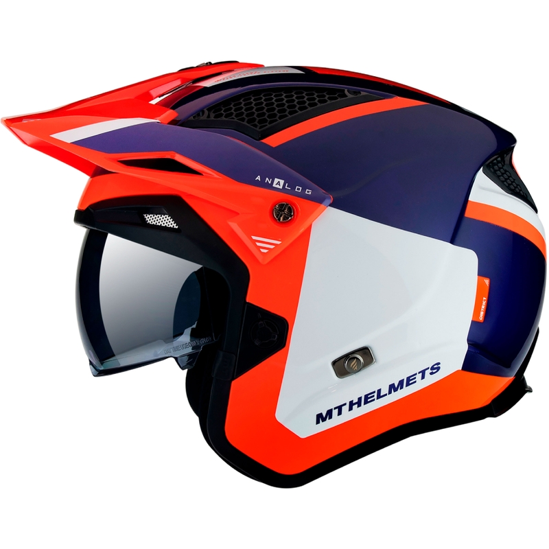 MT District SV Analog D5 blauw-wit-oranje open trial motorhelm