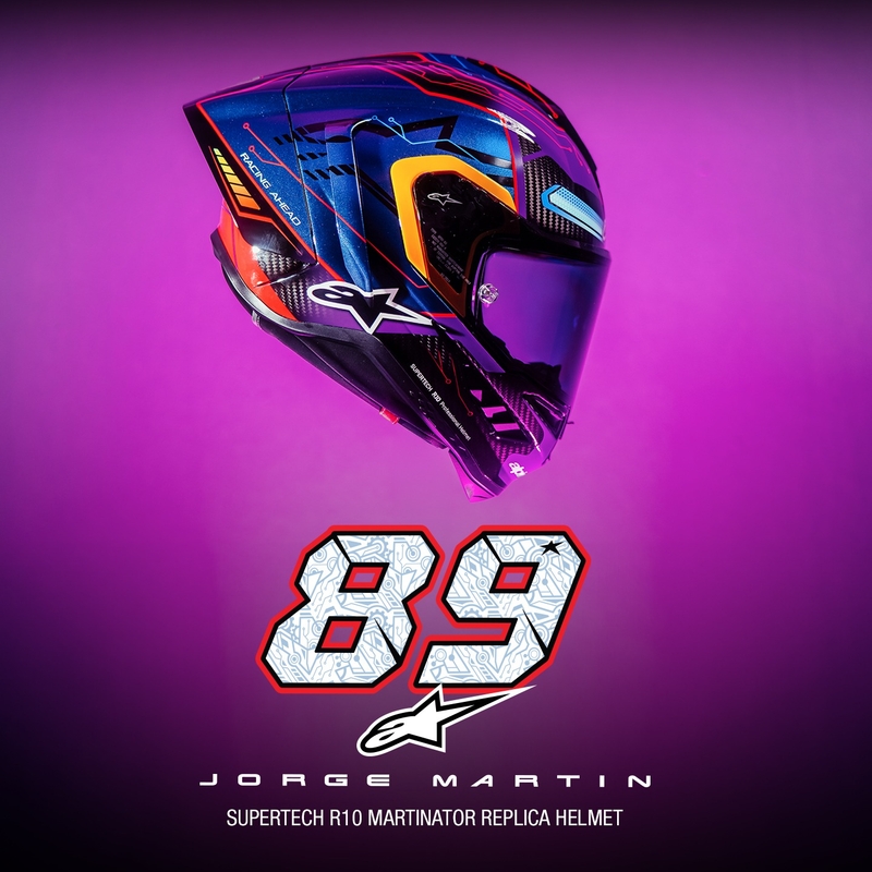 Alpinestars Supertech R-10 limited edition Martinator Jorge Martin blauw-paars-rood-geel integraal motorhelm