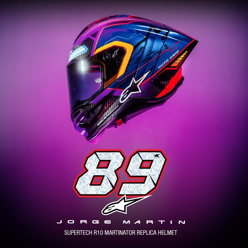 Alpinestars Supertech R-10 limited edition Martinator Jorge Martin blauw-paars-rood-geel integraal motorhelm