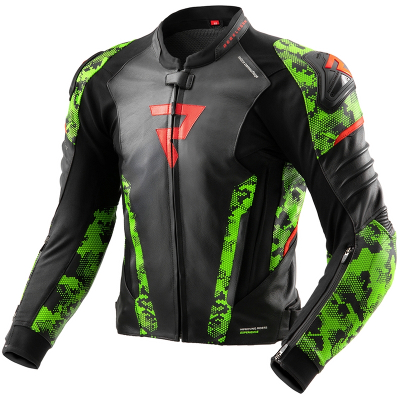 Rebelhorn Veloce zwart-camo groen-fluor rood leren motorjack