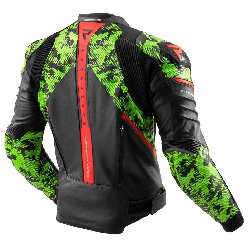 Rebelhorn Veloce zwart-camo groen-fluor rood leren motorjack