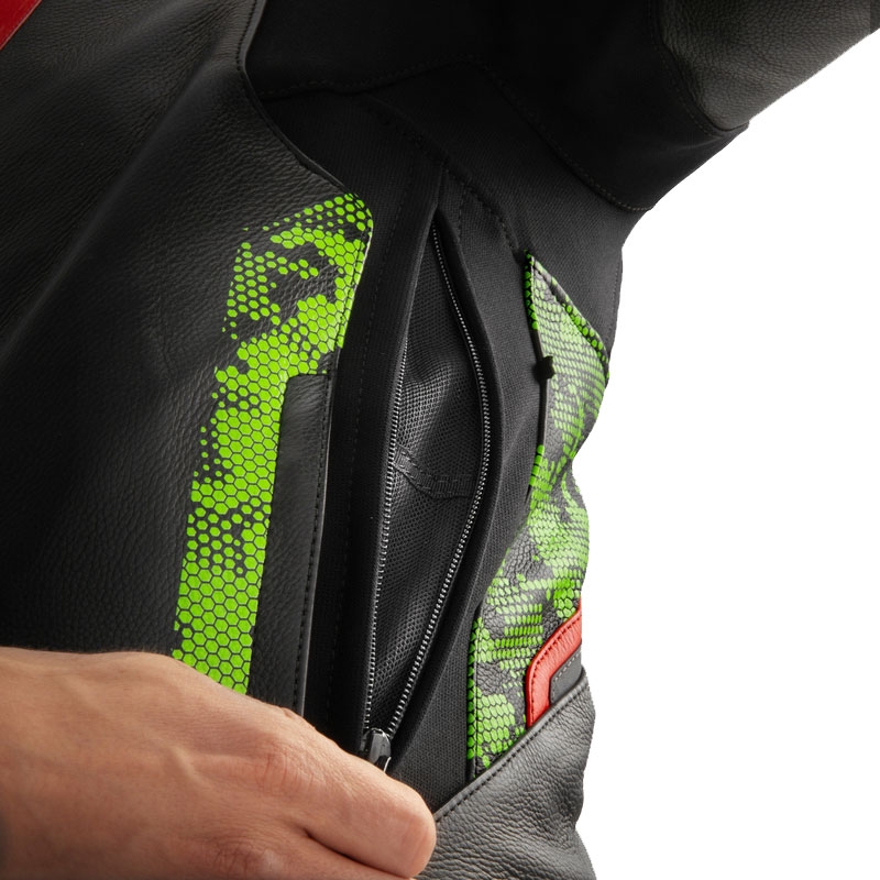 Rebelhorn Veloce zwart-camo groen-fluor rood leren motorjack